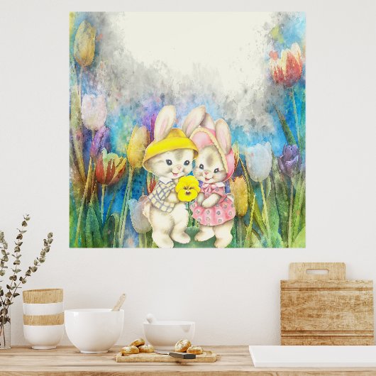 Konijnen in bloemen poster (Keuken)