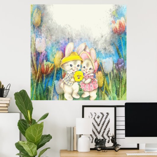 Konijnen in bloemen poster (Thuiskantoor)