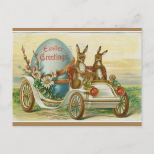  konijnen in een auto met paasei briefkaart