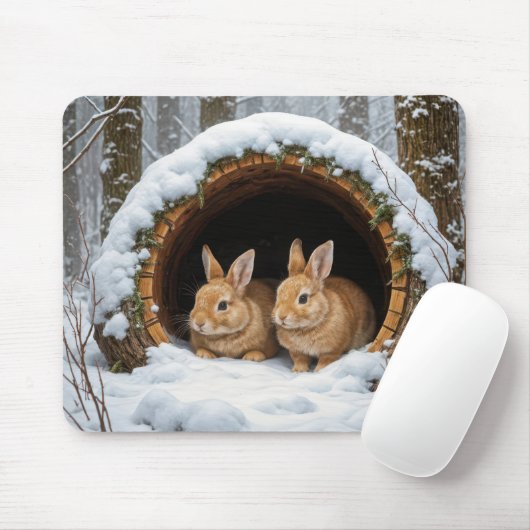 Konijnen in een holle boomstam muismat (Met muis)
