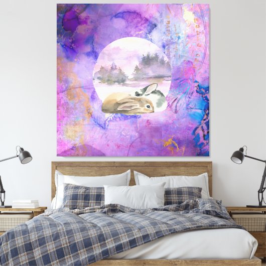 Konijnen in Lavendel Droom Canvas Afdruk (Insitu (Slaapkamer))