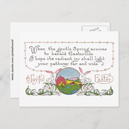 Konijnen, Kleurrijke Lentescène en Paaskoppel Feestdagenkaart (Voorkant / Achterkant)