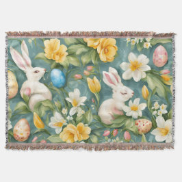 Konijnen, lentebloemen en paaseieren. Schilderij Deken