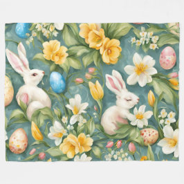 Konijnen, lentebloemen en paaseieren. Schilderij Fleece Deken