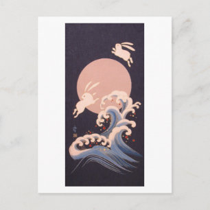 Konijnen met volle maan en golven briefkaart