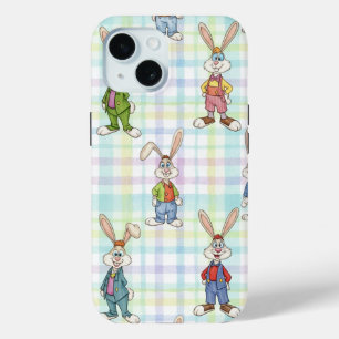 Konijnen op geruite achtergrond, door Natasha Us iPhone 15 Case