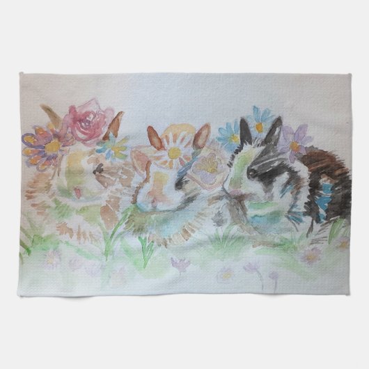 Konijnen Schattige Konijn Aquarel Floral Bunny Theedoek (Horizontaal)