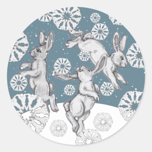 Konijnen & Sneeuwvlokken Leuke Blauwe Winter Kerst Ronde Sticker (Voorkant)