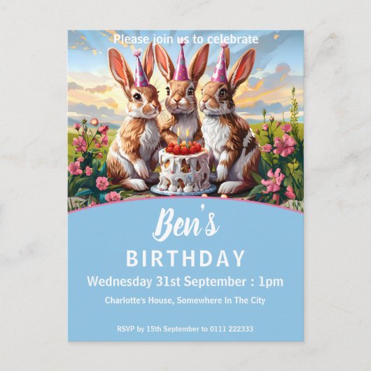 Konijnen Verjaardag Bash Uitnodiging Briefkaart (Voorkant)