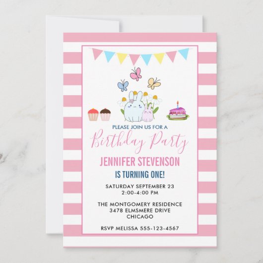 Konijnen, Vlinders & Madeliefjes Verjaardagsfeestj Kaart (Voorkant)