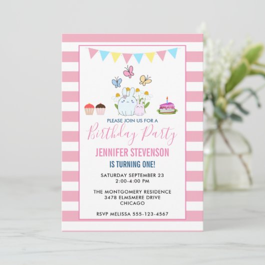 Konijnen, Vlinders & Madeliefjes Verjaardagsfeestj Kaart (Staand voorkant)