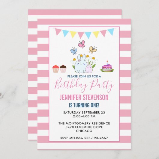 Konijnen, Vlinders & Madeliefjes Verjaardagsfeestj Kaart (Voorkant / Achterkant)