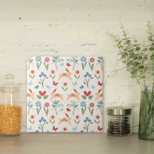 Konijnen Wildbloemen Folk Art Pattern Tegeltje