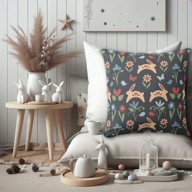 Konijnen Wildbloemen Vogels Folk Art Kussen (Creator heeft geüpload)