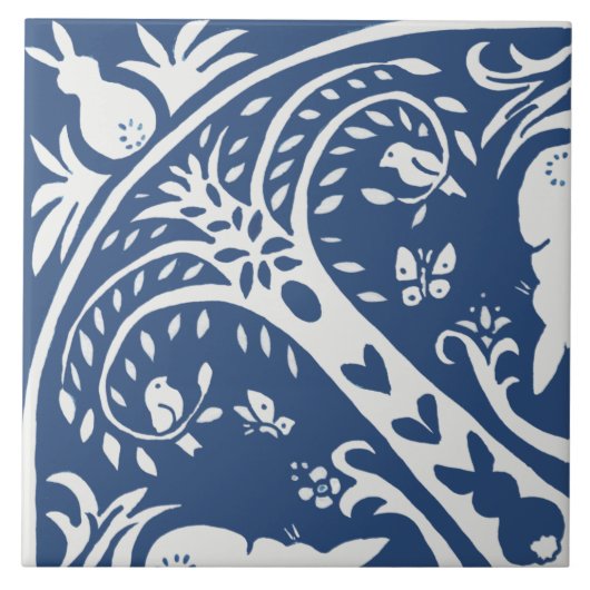 Konijnenblauw en witbunny Bird Tree Pattern Tegeltje (Voorkant)