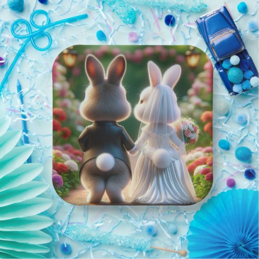 Konijnenbruid en bruidegom papieren bordje (Feest)