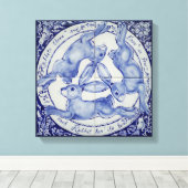 Konijnenhaas Vogelmedaillon Tegel Art Blauw & Wit Canvas Afdruk (Insitu (Houten vloer))