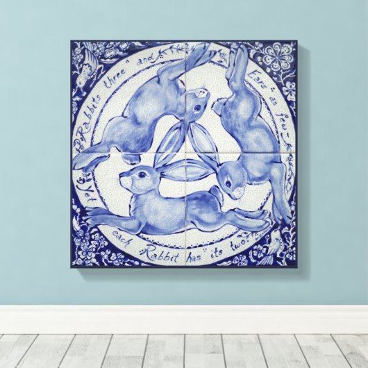 Konijnenhaas Vogelmedaillon Tegel Art Blauw & Wit Canvas Afdruk (Insitu (Houten vloer))