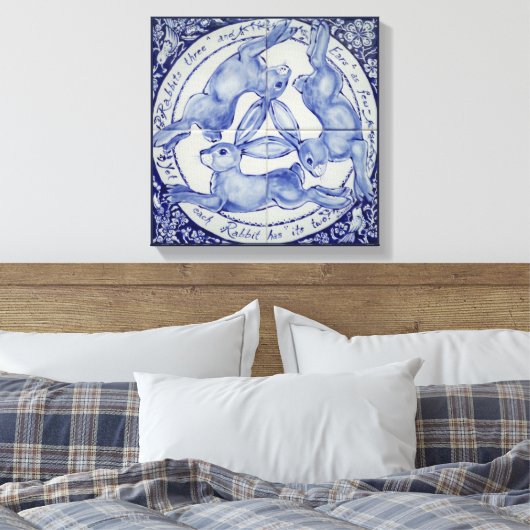 Konijnenhaas Vogelmedaillon Tegel Art Blauw & Wit Canvas Afdruk (Insitu (Slaapkamer))