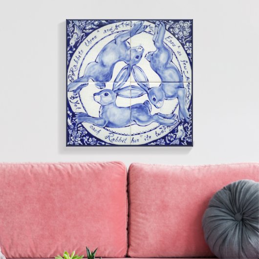 Konijnenhaas Vogelmedaillon Tegel Art Blauw & Wit Canvas Afdruk (Insitu (Woonkamer))