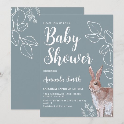 Konijnenillustratie Botanisch Baby shower Kaart (Voorkant / Achterkant)