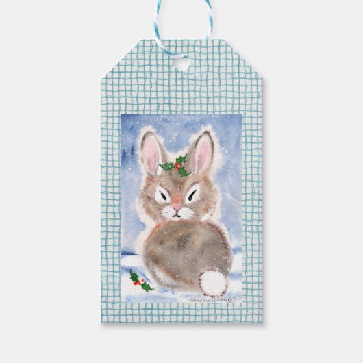Konijnenkonijn in Sneeuw Kerstcadeau Label Blauw P Cadeaulabel (Voorkant)