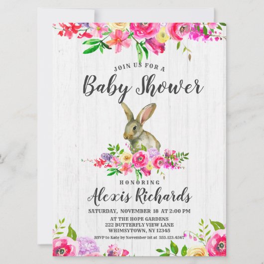 Konijnenkonijn Waterverf Bloemen Baby shower Invit Kaart (Voorkant)