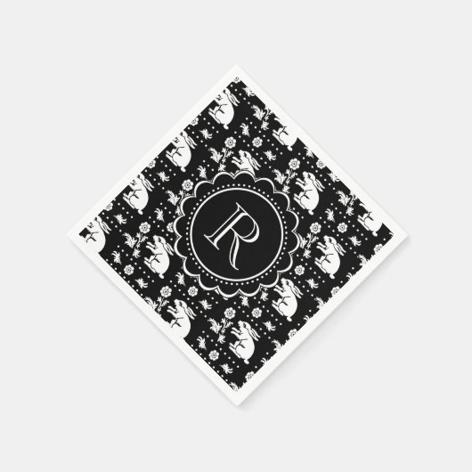  konijnenmonogram zwart-wit servet (Hoek)