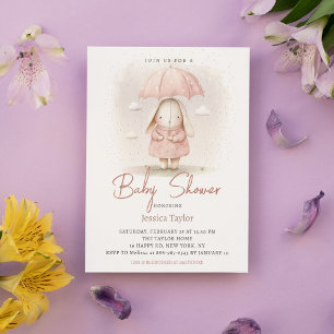 Konijnenparaplu Roze Aquarel Meisje Baby Shower Kaart