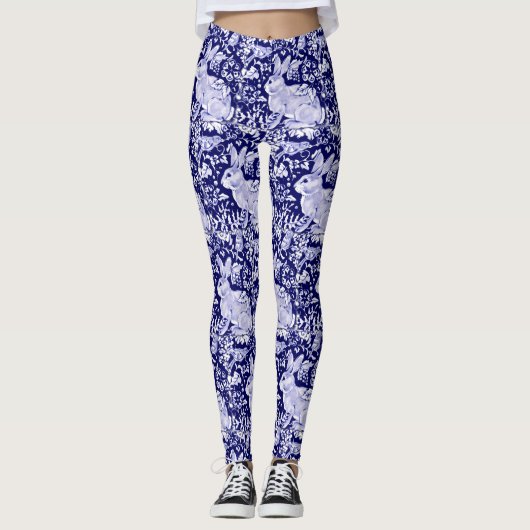 Konijnenpatroon Donkerblauw Wit Vogel Bloemen Unie Leggings (Voorkant)