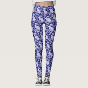 Konijnenpatroon Donkerblauw Wit Vogel Bloemen Unie Leggings