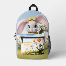 Konijnenrugzak met witte madeliefjes en eigen naam bedrukte rugzak
