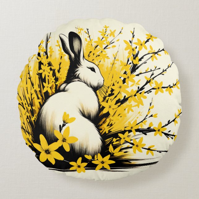Konijnenveer geel Forsythia Rond Kussen (Voorkant)