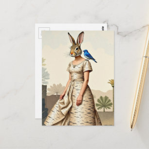 Konijnenvrouw in een berkenbastjurk Modecollage Briefkaart