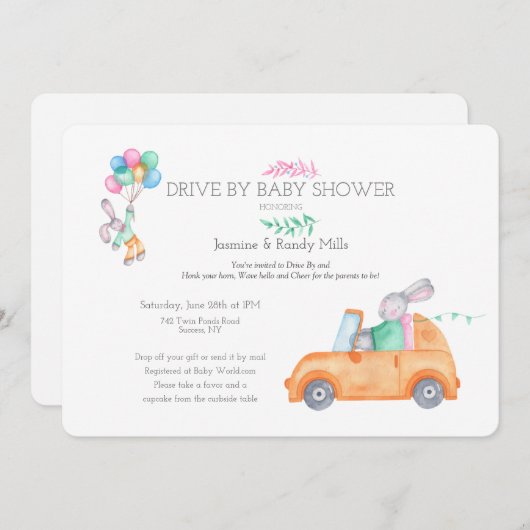 Konijntje Drive-By Baby Shower Uitnodiging (Voorkant / Achterkant)