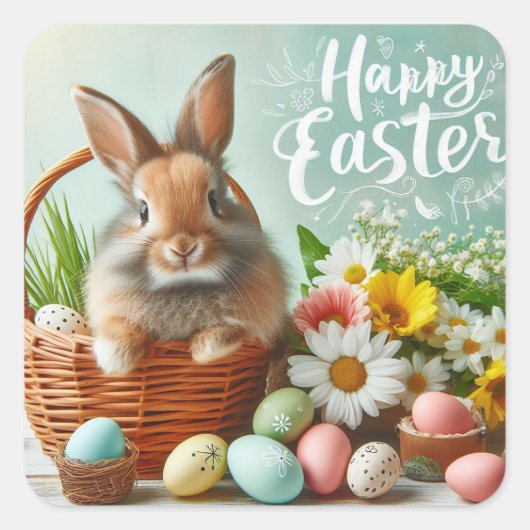 Konijntje in een mand, bloemen en paaseieren vierkante sticker (Voorkant)