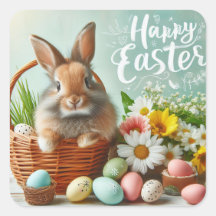 Konijntje in een mand, bloemen en paaseieren