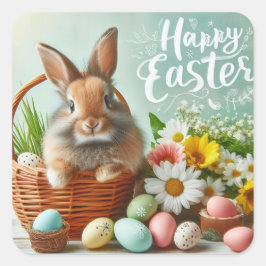Konijntje in een mand, bloemen en paaseieren vierkante sticker