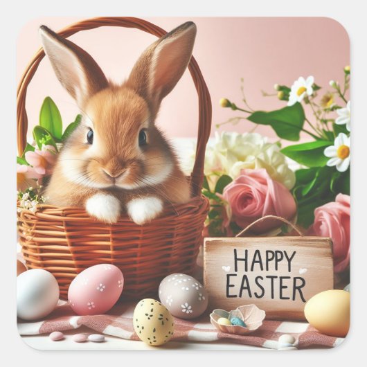 Konijntje in een paasmand vierkante sticker (Voorkant)