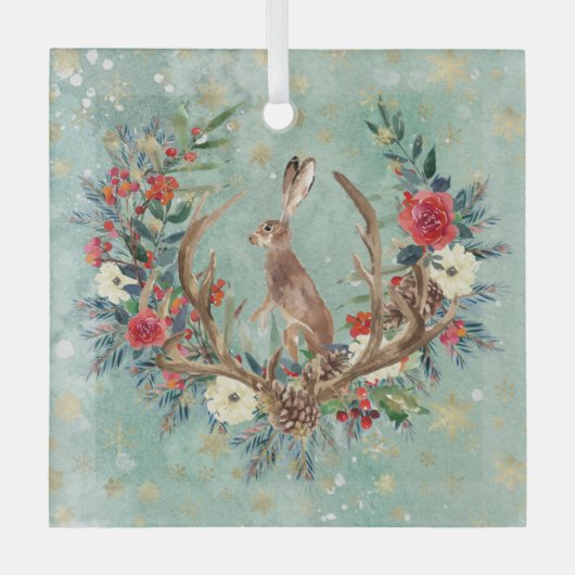 Konijntje in Kerstgewei Glas Ornament (Voorkant)
