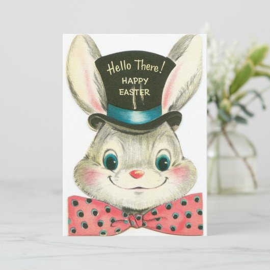  konijntje in tophoed Custom Retro Pasen Feestdagenkaart (Staand voorkant)