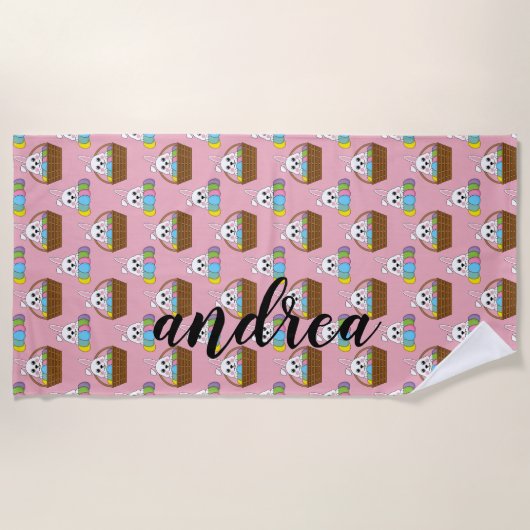 Konijntje Kleurrijke PaaseiHunt Mand | personalise Strandlaken (Voorkant)