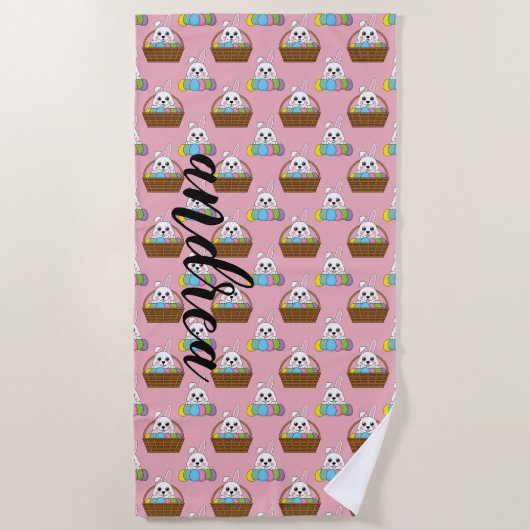 Konijntje Kleurrijke PaaseiHunt Mand | personalise Strandlaken (Voorkant)