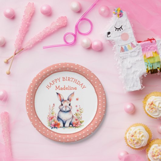 Konijntje Konijn in Bloemen Gelukkige Verjaardag P Papieren Bordje (Feest)