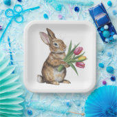 Konijntje met tulpenboeket papieren bordje (Feest)