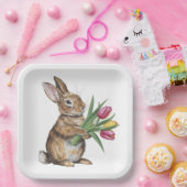 Konijntje met tulpenboeket papieren bordje (Feest)