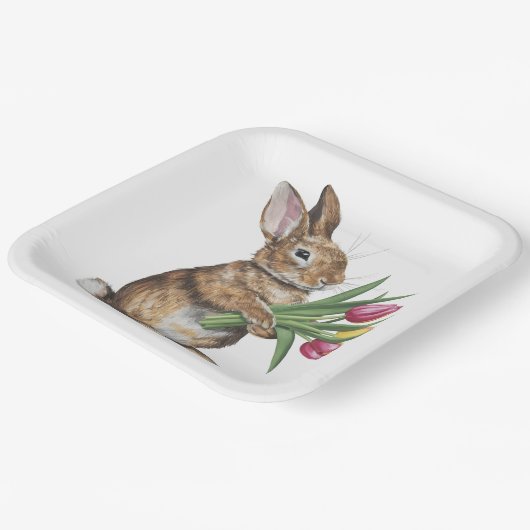 Konijntje met tulpenboeket papieren bordje (Gebogen)