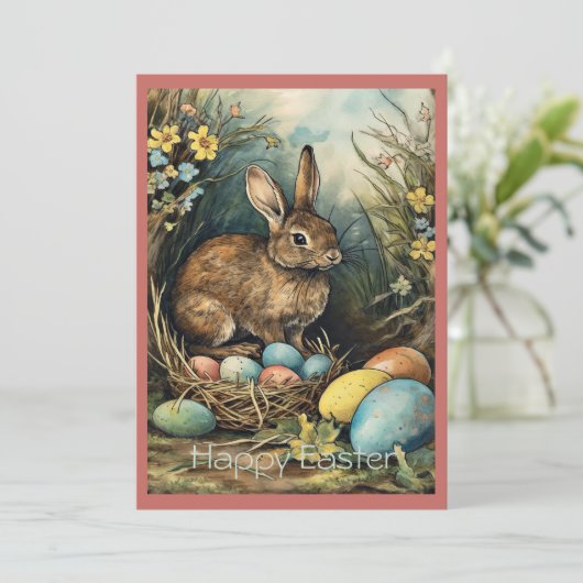  konijntje paaseieren bos feestdagenkaart (Staand voorkant)