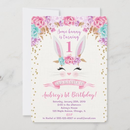 Konijntje verjaardagsuitnodiging roze en goud 1e e kaart (Voorkant)