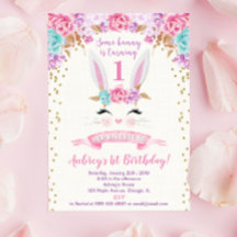 Konijntje verjaardagsuitnodiging roze en goud 1e e